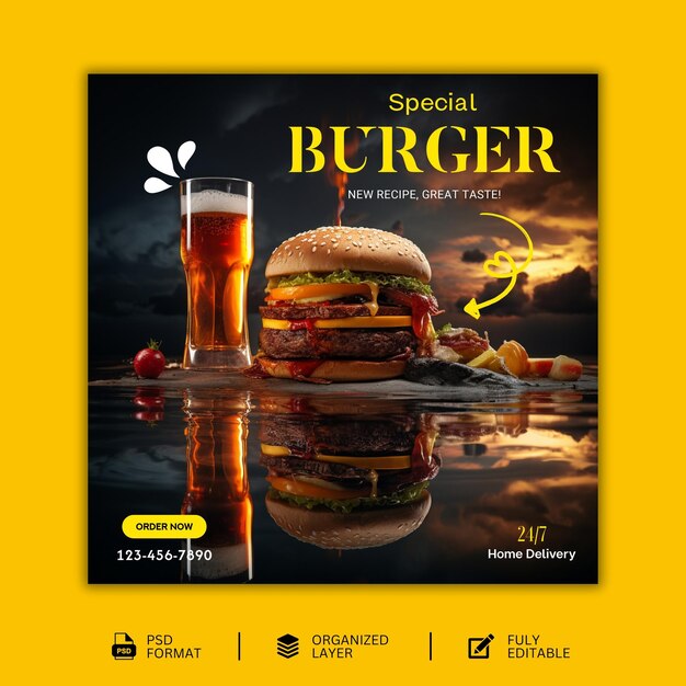 Hot and spicy delicious burger food social media banner post template