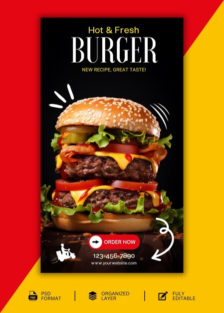 PSD hot and spicy delicious burger food social media banner post template