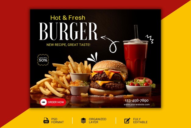 PSD hot and spicy delicious burger food social media banner post template