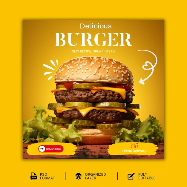 Hot and spicy delicious burger food social media banner post template