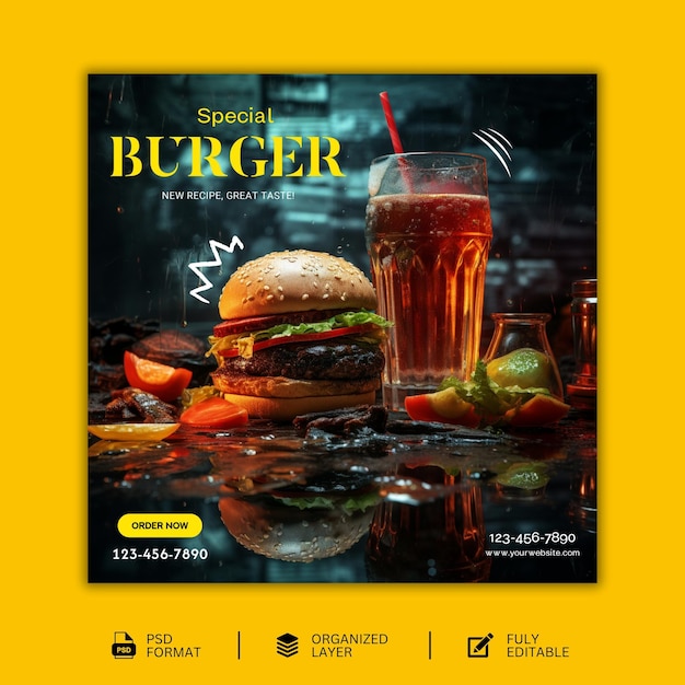 Hot and spicy delicious burger food social media banner post template