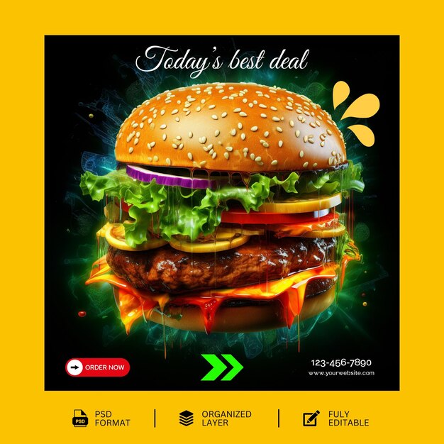 Hot and spicy delicious burger food social media banner post template