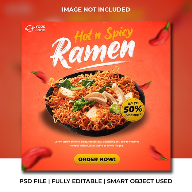 Hot spicy ramen noodle social media instagram post banner template