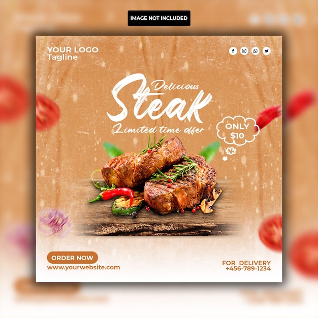 Volantino per barbecue con bistecca calda e modello di post instagram sui social media