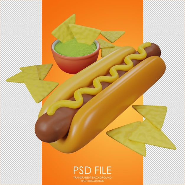 PSD 핫도그 아이콘 과카몰리 나초 아이콘 녹색 아보카도 소스 겨자를 곁들인 소시지 음식 세트 랜딩 페이지 디자인을 위한 패스트 푸드 아이콘 3d 렌더링 3d 일러스트레이션