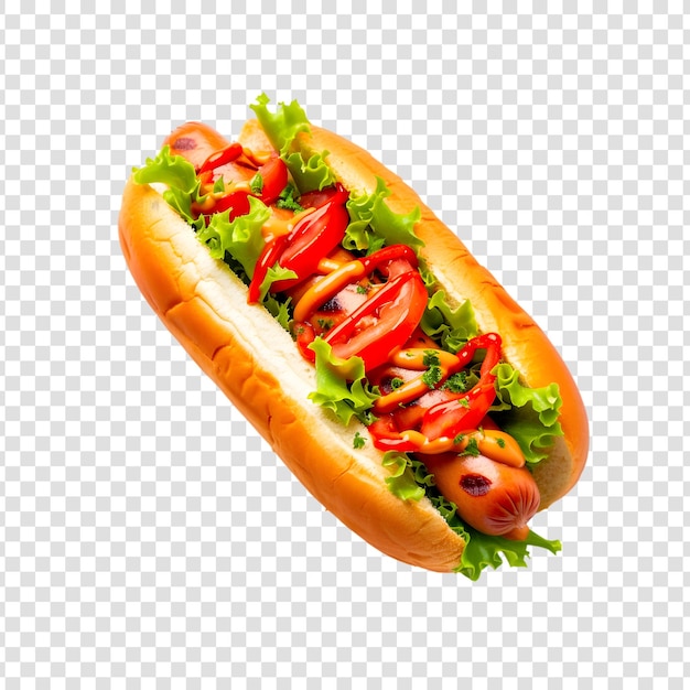 PSD hotdog met ketchup, sla en mosterdsaus op een doorzichtige achtergrond