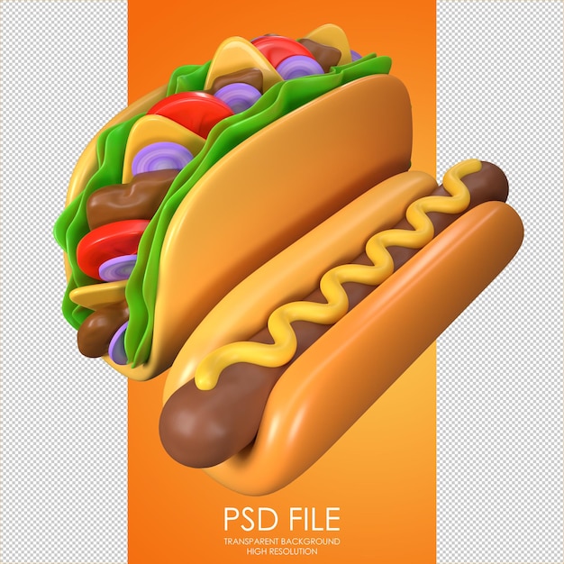 Hotdog-pictogram Taco-pictogram Taco's met vleessalade en uien Worst met mosterd Reeks voedsel Mexicaans straatvoedsel Pictogram voor ontwerp van bestemmingspagina 3D render 3d illustratie