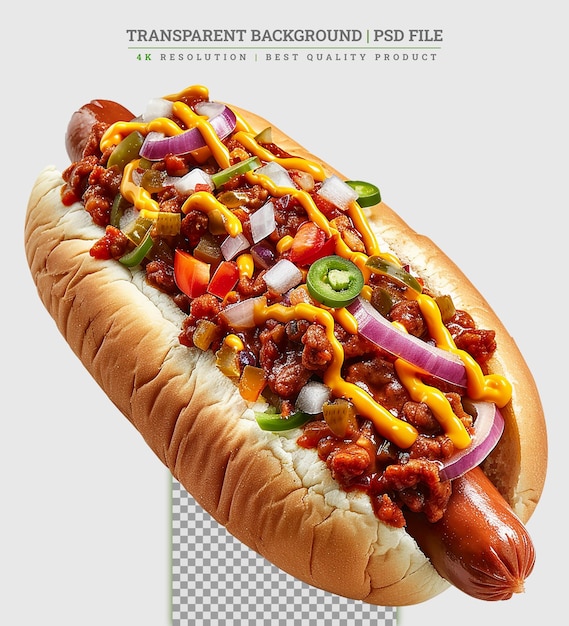 PSD hotdog with thick sausage and fried onion on white background