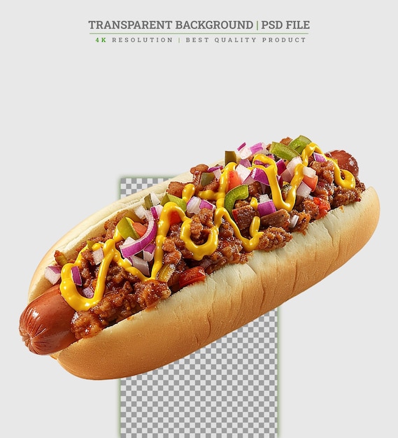 Hotdog with thick sausage and fried onion on white background