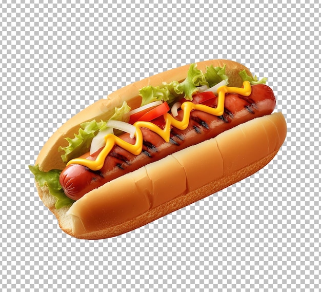 PSD hotdog z dużą kiełbasą i świeżym pomidorem na białym tle