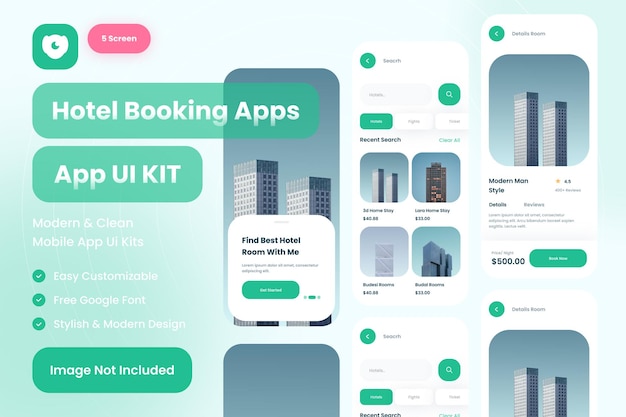 PSD interfaccia utente del kit dell'interfaccia utente dell'app mobile per la prenotazione di hotel