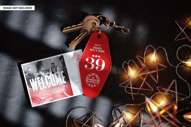 PSD hotel keychain with advertising card mockup