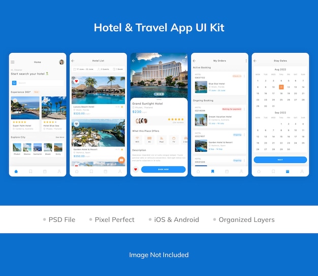 Kit dell'interfaccia utente dell'app per hotel e viaggi