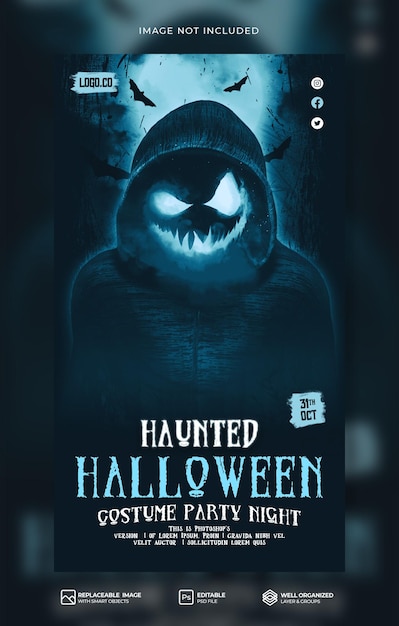 Hounted halloween costume party night social media banner en instagram verhaalsjabloon premium psd