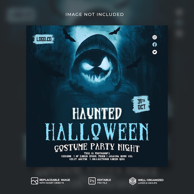 Banner di social media e modello di post di instagram per la notte della festa in costume di halloween perseguitato psd premium