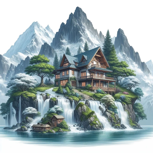 A house beside a waterfall vecter image