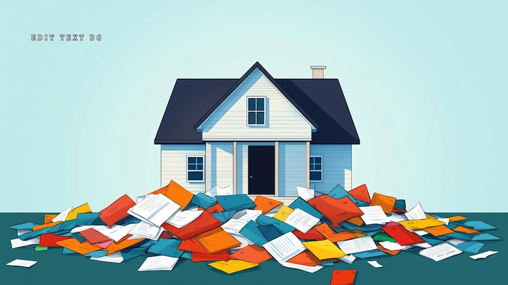 PSD house buried under a pile of colorful mail and documents symbolizing overwhelming paperwork or debt
