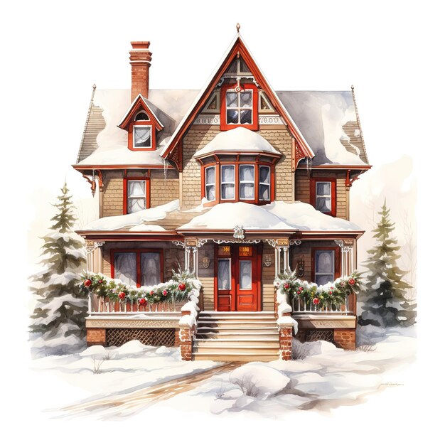 PSD house for christmas event watercolor style ai generated