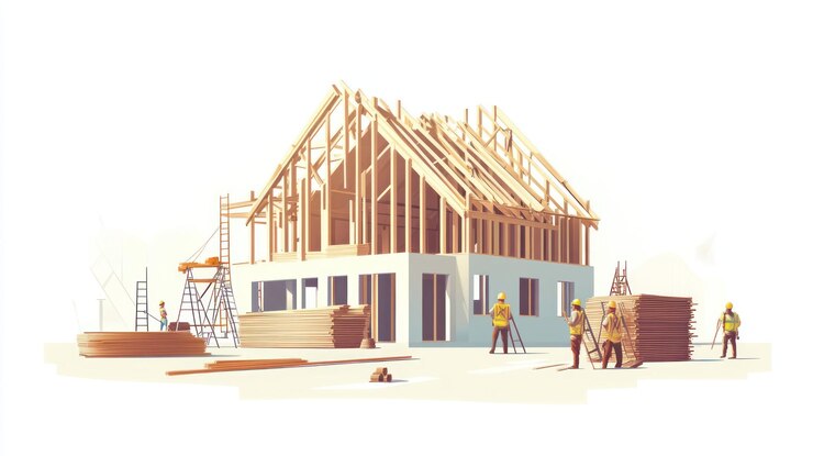 PSD house under construction wood framing workers