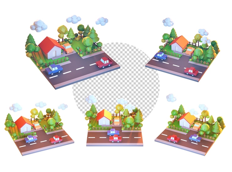 PSD 道路近くの土地にある家。郊外の家の 3 d イラストレーション