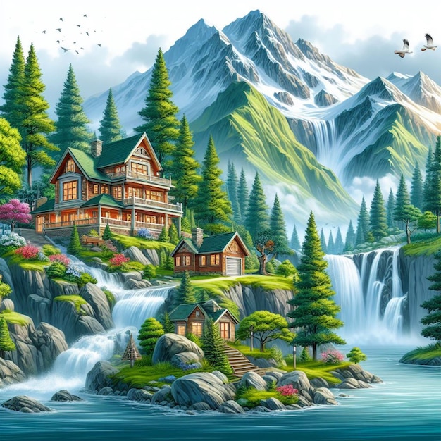 PSD house on mountain illustration