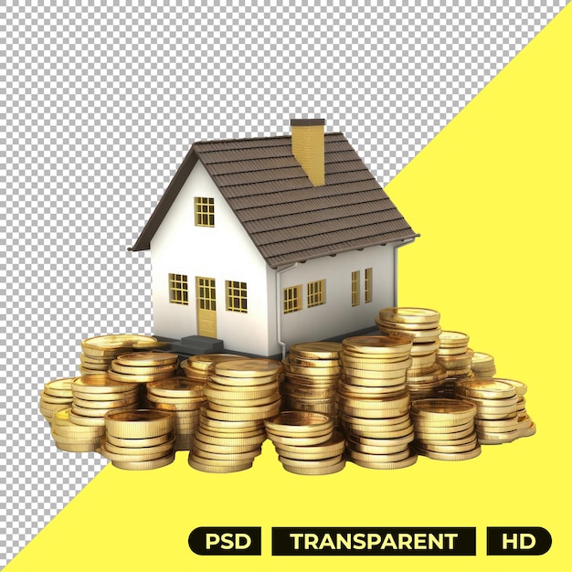 PSD 透明な背景に隔離された硬貨の山上の家