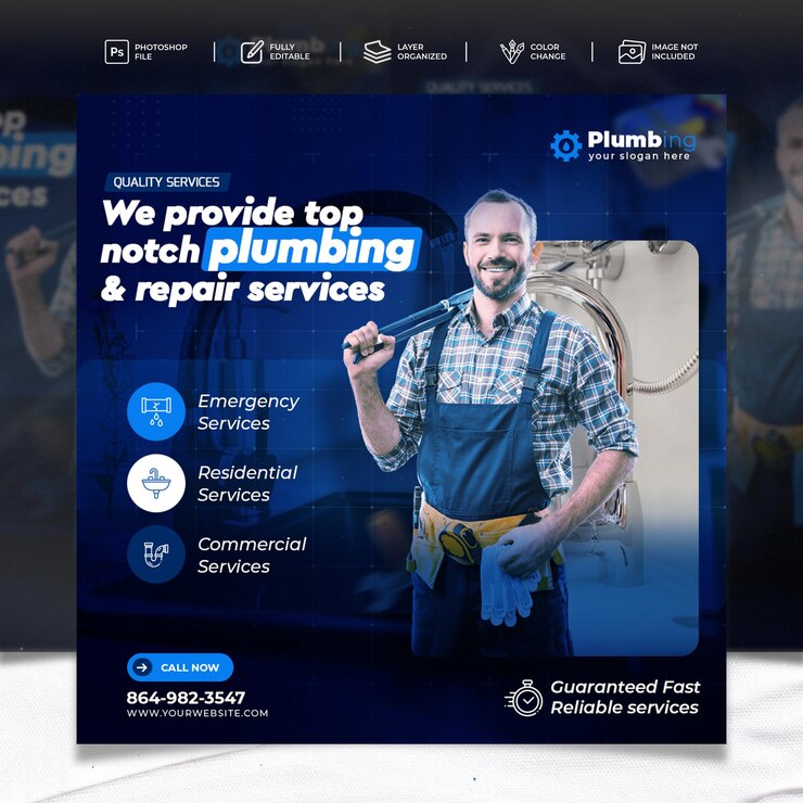 PSD house repair plumber flyer electrical carpentry roofing social media post plumber theme design
