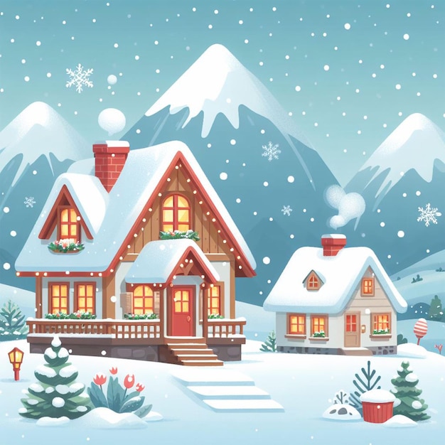 PSD house in snowfall cartoon image