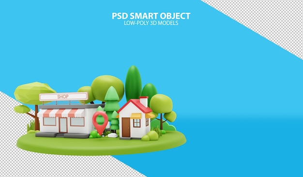 House and store with map pin PSD smart objects 3d rendering image of low poly models