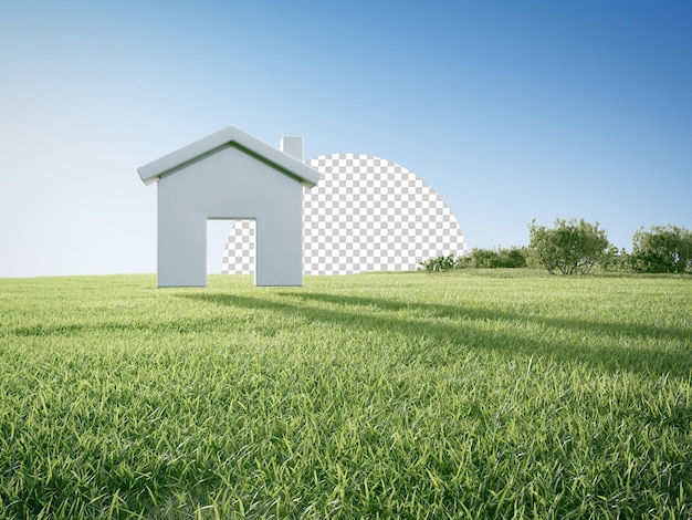 PSD house symbol with empty grass floor 3d rendering of green lawn and home icon