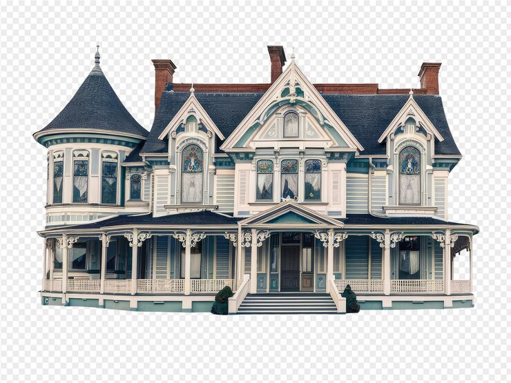 PSD a house with a blue roof and a large house on the front