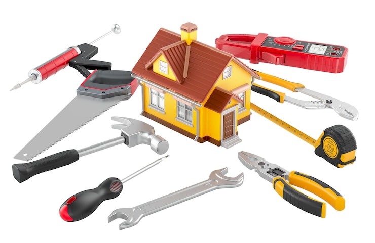 PSD house with tools home building and repairs concept 3d rendering isolated on transparent background