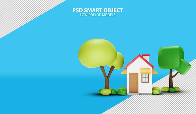 PSD 低ポリゴンモデルのグラデーション背景3dレンダリング画像上のツリーpsdスマートオブジェクトと家