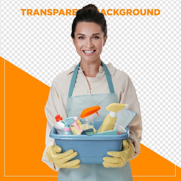 Housewife woman holding cleaning products with transparent background