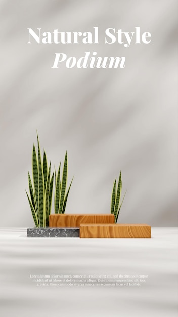 Hout en marmer podium rendering 3d mockup in portret met slang plant en schaduw witte muur