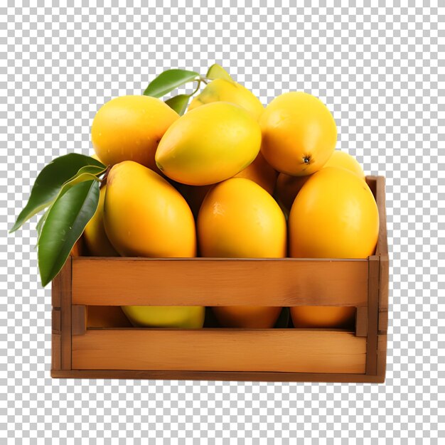PSD houten doos met mango geïsoleerd op een doorzichtige achtergrond