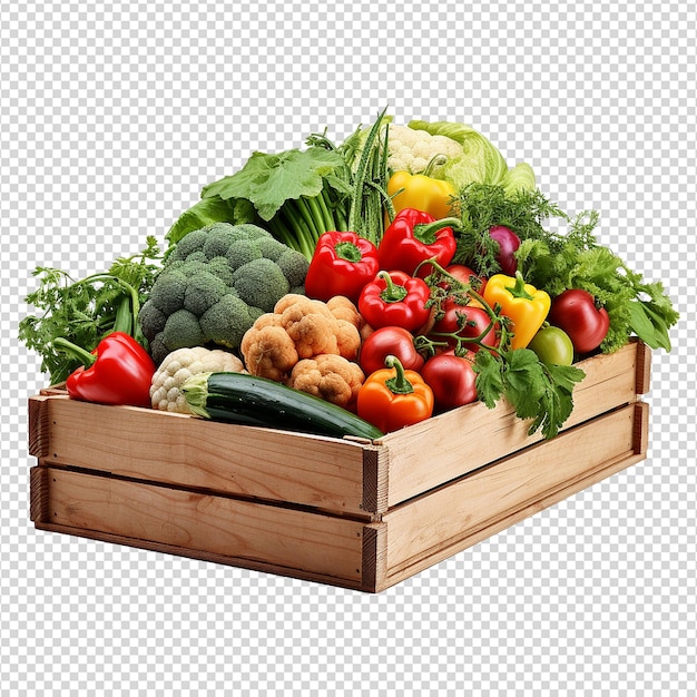 PSD houten doos met verse groenten op een doorzichtige achtergrond