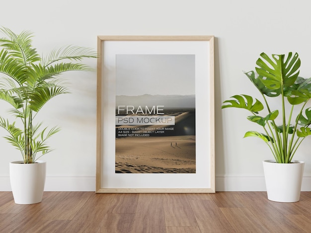 Houten frame leunend op muur mockup