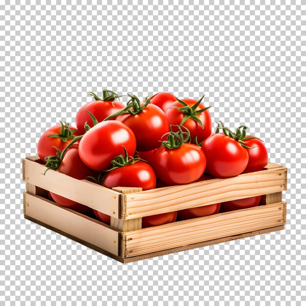 PSD houten kist met verse tomaten geïsoleerd op een doorzichtige achtergrond