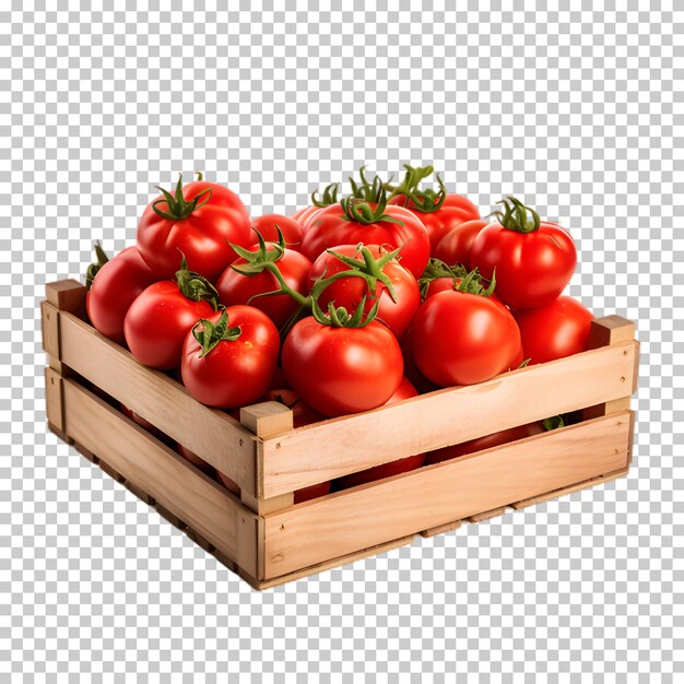 Houten kist met verse tomaten geïsoleerd op een doorzichtige achtergrond