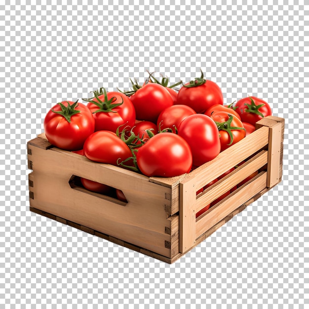 PSD houten kist met verse tomaten geïsoleerd op een doorzichtige achtergrond