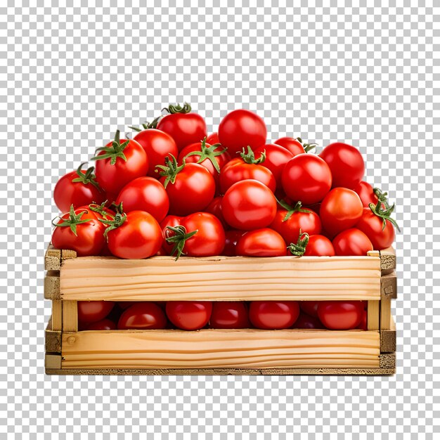 PSD houten kist met verse tomaten geïsoleerd op een doorzichtige achtergrond