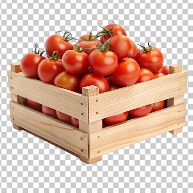 PSD houten kist vol verse rijpe rode tomaten geïsoleerd op een doorzichtige achtergrond