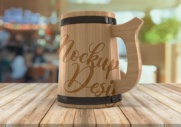 Houten koffie- en biermok mockup-sjabloon psd mockup