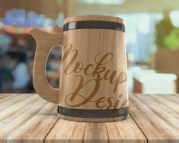 Houten koffie- en biermok mockup-sjabloon psd mockup