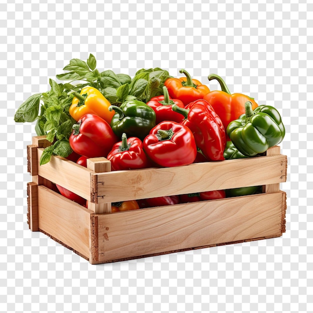 PSD houten krat met biologische tomaten, paprika's, basilicum op transparantieachtergrond psd