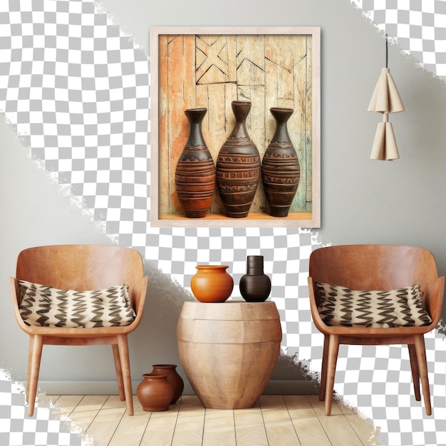 PSD houten meubilair aan de achterzijde van een afrikaanse keramische interieur transparante achtergrond