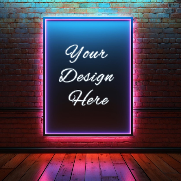 PSD houten muur met neonlicht frame mockup