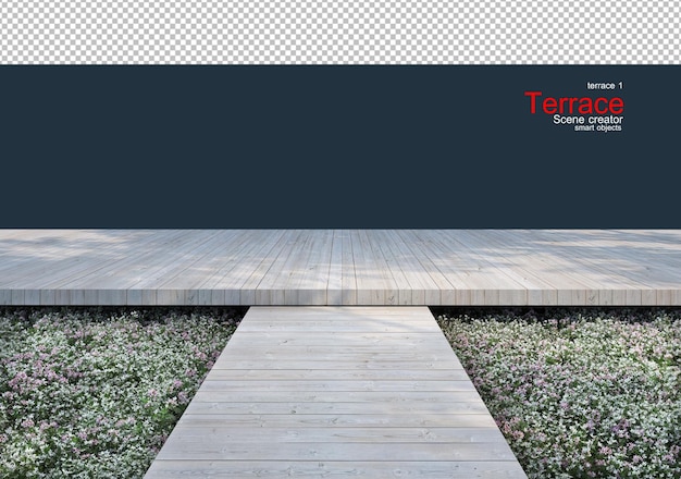Houten terrassen versierd met bloemen- en plantentuinen