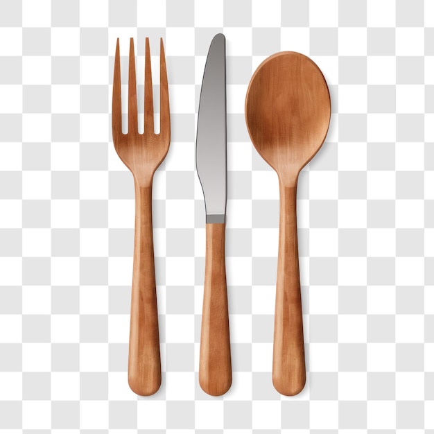 PSD houten vork, lepel en mes, transparante achtergrond psd